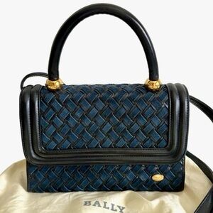 Vintage Bally top handle quilted leather navy Crossbody handbag from Japan